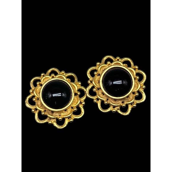 Runway Style Clip-On Earrings Gold Black Stone Center - Picture 10 of 14